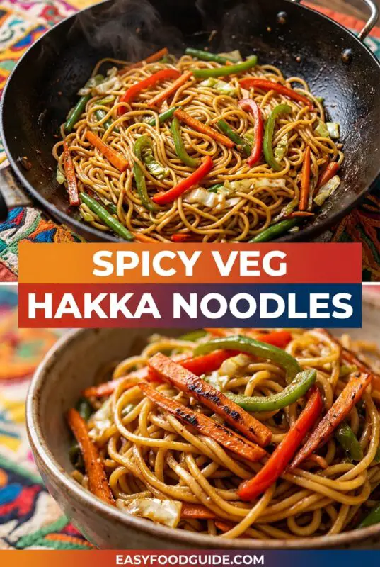 A colorful plate of Spicy Veg Hakka Noodles with mixed vegetables and chili sauce, garnished with green onions.