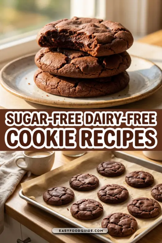A plate of chocolate sugar-free dairy-free cookies with chocolate chips on a wooden table.