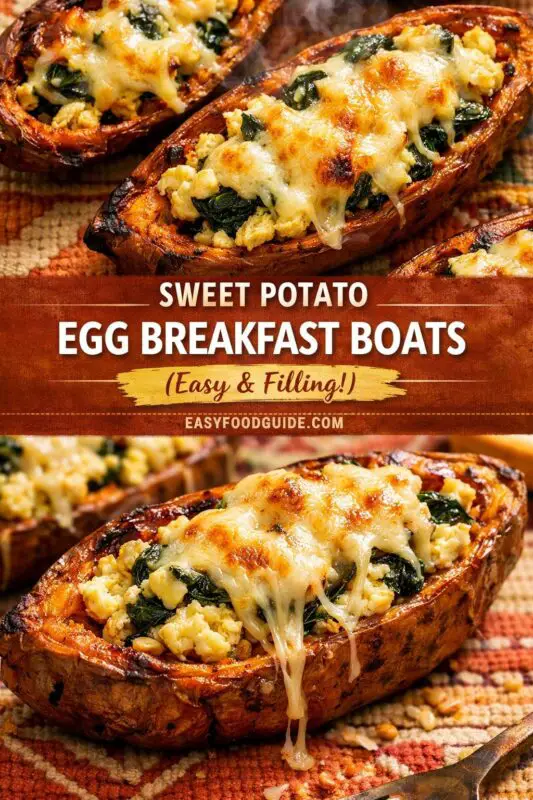 Sweet potato halves filled with scrambled eggs and spinach, topped with cheese, served on a wooden table with avocado and salsa.