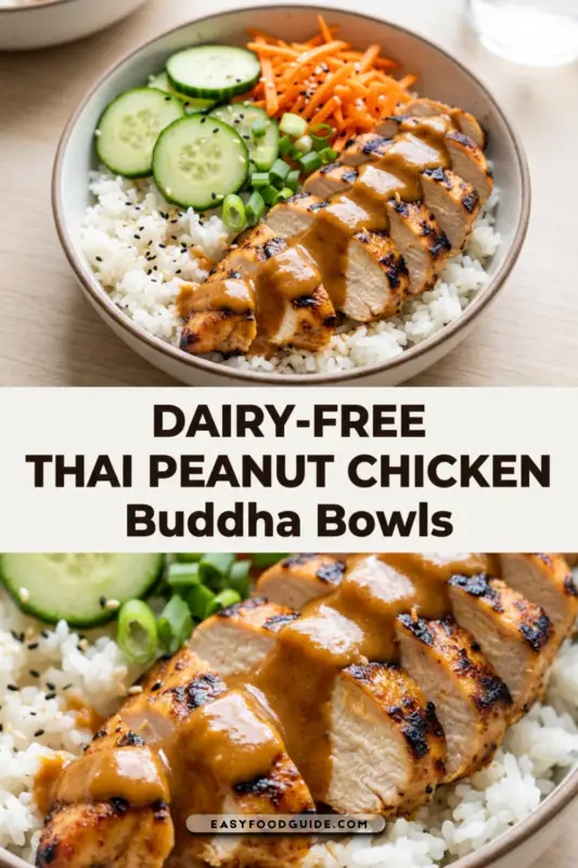 A colorful Thai Peanut Chicken Buddha Bowl with grilled chicken, rice, cucumbers, carrots, and peanut sauce on a marble surface.