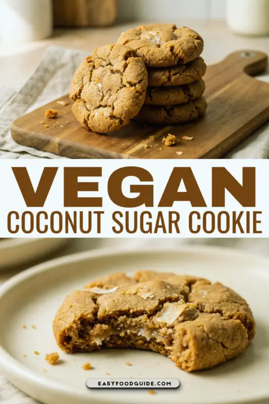 A plate of golden brown Vegan Coconut Sugar Cookies with shredded coconut on top, next to a glass of almond milk.