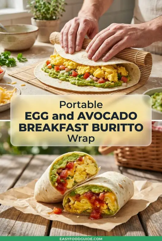 Split image illustrating a portable egg and avocado breakfast burrito. Top: Hands rolling a flour tortilla filled with scrambled eggs, mashed avocado, and salsa using a bamboo mat. Bottom: A cut-open breakfast wrap showing layers of egg, melted cheese, fresh salsa, and avocado, placed on brown paper on a wooden table. Text overlay: 'Portable EGG and AVOCADO BREAKFAST BURITTO Wrap