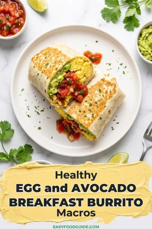 Overhead shot of a grilled breakfast burrito cut in half on a white plate, revealing a filling of scrambled eggs, creamy avocado, and chunky salsa, surrounded by small bowls of dip and fresh cilantro. Text overlay on a yellow smear reads 'Healthy EGG and AVOCADO BREAKFAST BURRITO Macros'
