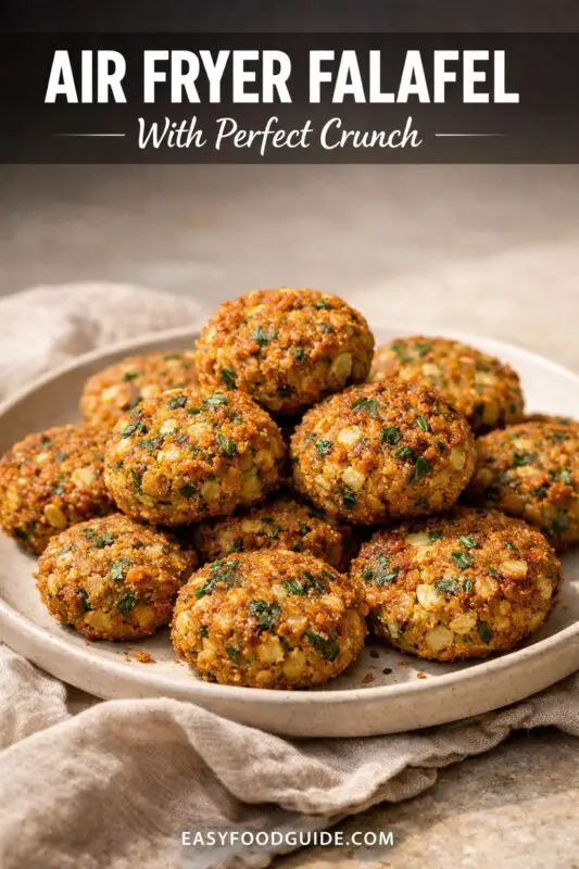 Plate of golden-brown falafel patties garnished with herbs, showcasing a crispy texture. Text above reads, "Air Fryer Falafel With Perfect Crunch."
