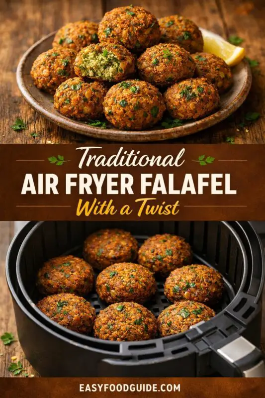 Plate of golden-brown falafel garnished with parsley, showcasing texture and color. Below, falafel in an air fryer, with "Traditional Air Fryer Falafel With a Twist" text. Rustic, inviting tone.