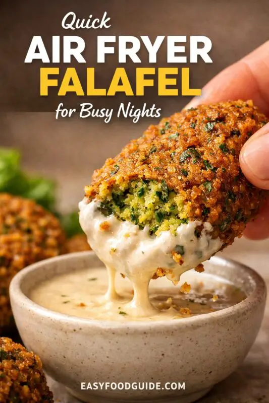 Close-up of a hand dipping a crispy, green-hued air fryer falafel into creamy sauce in a small bowl. Text reads "Quick Air Fryer Falafel for Busy Nights."