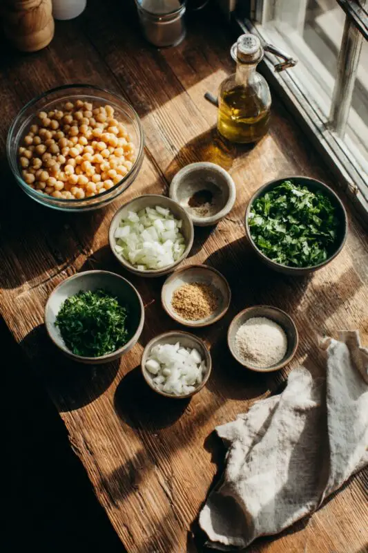 Ingredients for a recipe are arranged on a rustic wooden table. Bowls hold chickpeas, chopped onions, parsley, cilantro, spices, and olive oil, with a cloth nearby, bathed in natural light.