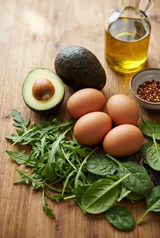 avocado-egg-breakfast-bowls-6 Fresh ingredients arranged on a wooden table: a halved avocado with pit, a whole avocado, four brown eggs, a small bottle of olive oil, a bowl of red pepper flakes, and a handful of spinach and arugula leaves.