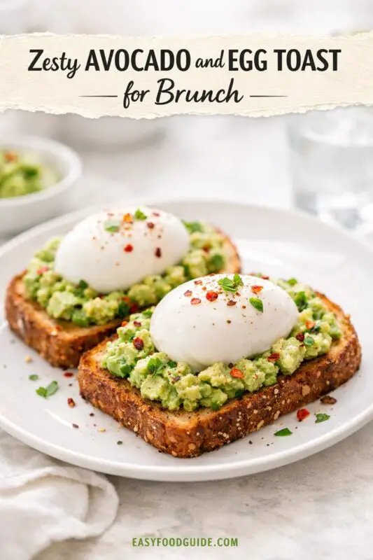 Two slices of avocado and poached egg toast garnished with herbs and red pepper flakes on a rustic table.
