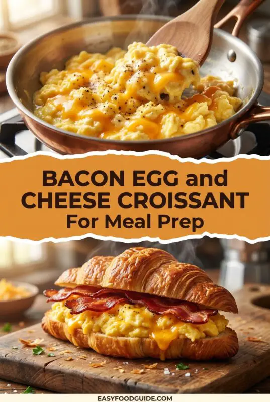 A Bacon, Egg, and Cheese Croissant filled with scrambled eggs and bacon, served on a wooden plate with fruit.