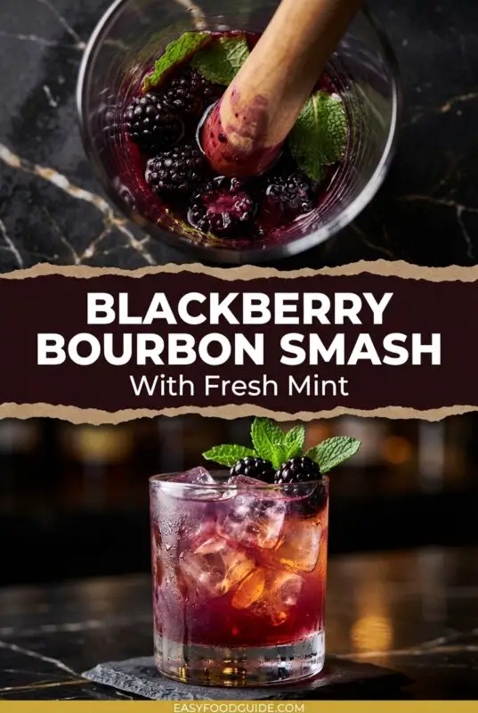 A refreshing Blackberry Bourbon Smash cocktail with blackberries and mint, served in a glass with ice.
