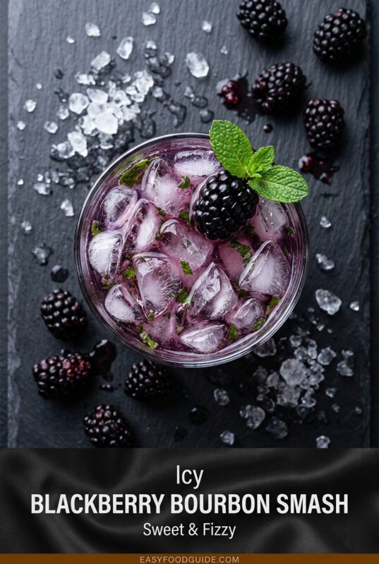Top-down close-up of an icy Blackberry Bourbon Smash cocktail garnished with a fresh blackberry and mint sprig, set on a dark slate background scattered with crushed ice and more blackberries. Text overlay at the bottom reads 'Icy BLACKBERRY BOURBON SMASH Sweet & Fizzy'.