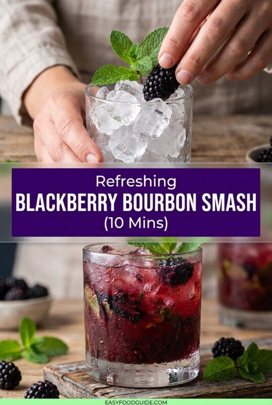 Collage showing the preparation of a Blackberry Bourbon Smash. Top: hands placing a fresh blackberry and mint sprig into a glass filled with ice. Bottom: the finished refreshing cocktail, deep purple in color with condensation on the glass, sitting on a wooden surface with scattered berries. Text overlay: 'Refreshing BLACKBERRY BOURBON SMASH (10 Mins)'.