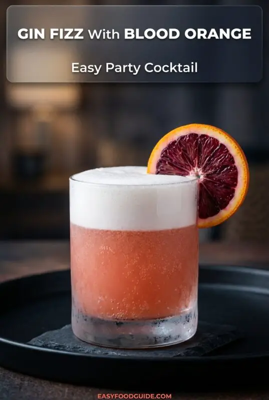 A Blood Orange Gin Fizz cocktail in a tall glass, garnished with a blood orange slice, on a rustic bar.