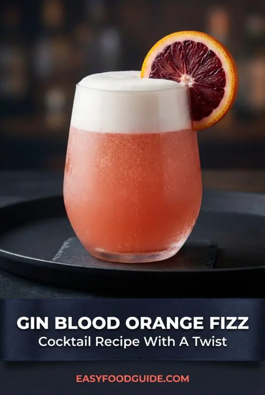 Frosted glass filled with a pink gin blood orange fizz topped with a thick white foam, garnished with a round slice of blood orange on the rim, set on a dark tray; text reads “Gin Blood Orange Fizz – Cocktail Recipe With A Twist” and “easyfoodguide.com.”