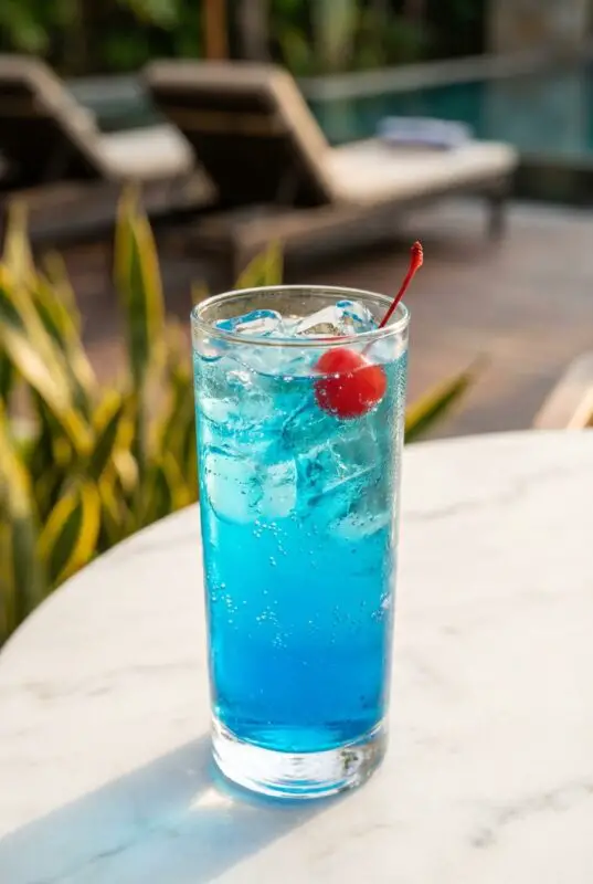 Tall glass of bright blue fizzy drink filled with ice cubes and garnished with a red maraschino cherry, set on a white table outdoors with lounge chairs and greenery blurred in the background.