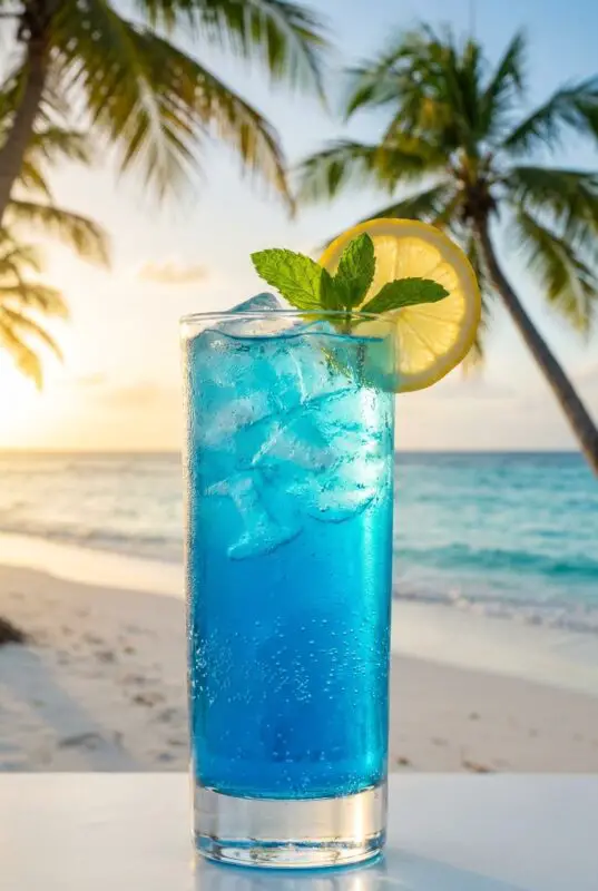 Tall glass of bright blue sparkling cocktail filled with ice, garnished with a lemon wheel and fresh mint sprig, set on a table at a tropical beach with palm trees and ocean waves in the background at sunset.