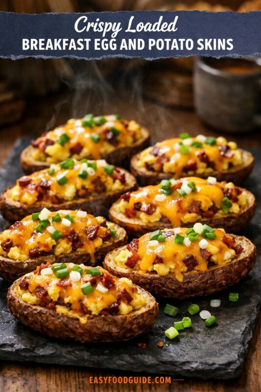 Crispy potato skins are filled with eggs, melted cheese, and sprinkled with green onions, resting on a dark slate, exuding a warm and cozy vibe.