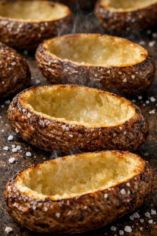 Golden brown potato skins on a baking sheet, lightly salted, with steam rising, indicating freshness and warmth, creating a tempting aroma.