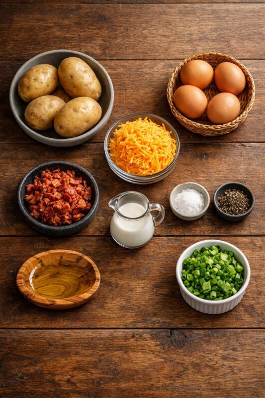 A rustic wooden table displays ingredients including potatoes, eggs, shredded cheese, chopped bacon, milk, salt, pepper, green onions, and olive oil.