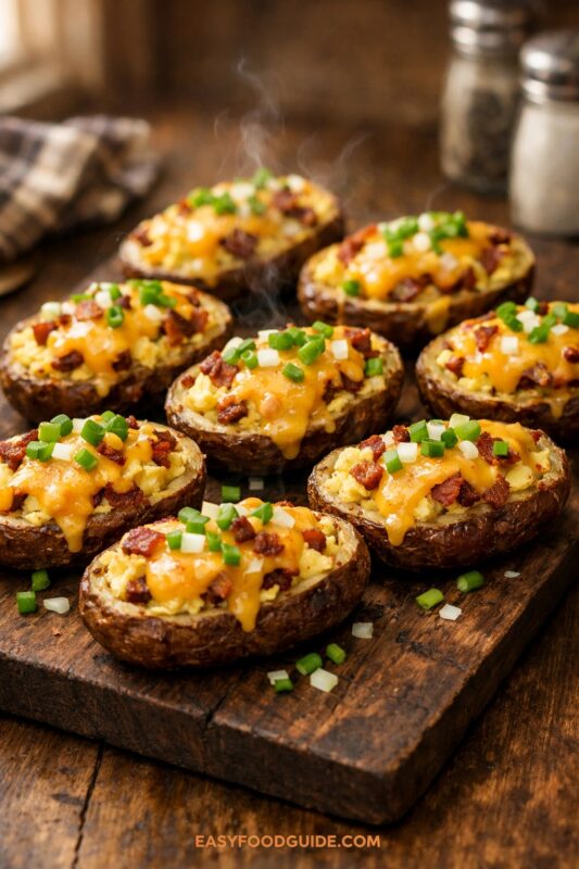 Rustic wooden board with steaming baked potato halves, topped with melted cheese, bacon, and green onions. Background shows salt, pepper, and a cloth.