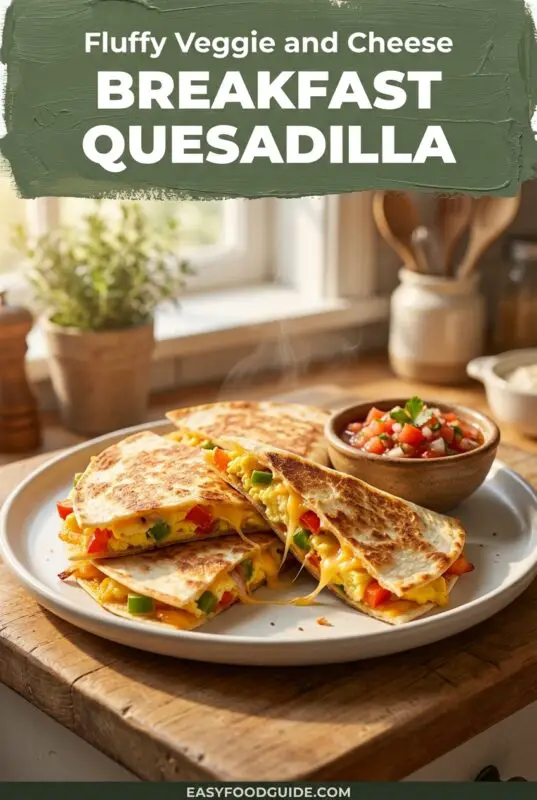Veggie and cheese breakfast quesadilla filled with scrambled eggs and vegetables, served with salsa and avocado.