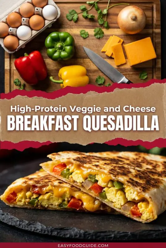 breakfast-quesadilla-4 Creamy scrambled eggs served over sautéed red bell peppers and onions on a tan plate, garnished with chopped chives and black pepper, with steam rising in a cozy kitchen setting