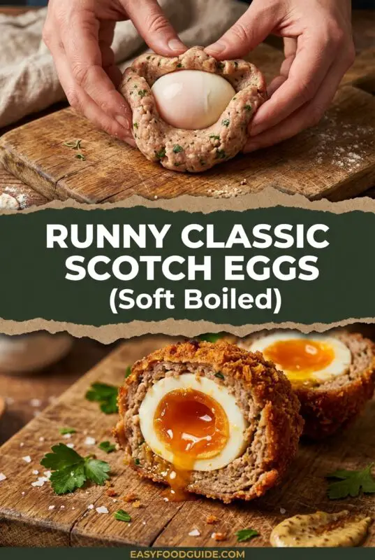 Golden Scotch eggs sliced in half, showcasing soft yolk, served with mustard on a rustic table.
