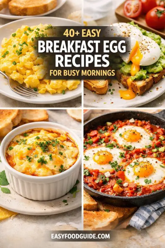 Delicious egg dishes for breakfast: creamy scrambled eggs, avocado toast with poached eggs, baked eggs, and eggs in tomato stew. Text overlay: “40+ Easy Breakfast Egg Recipes for Busy Mornings” from EasyFoodGuide.com.