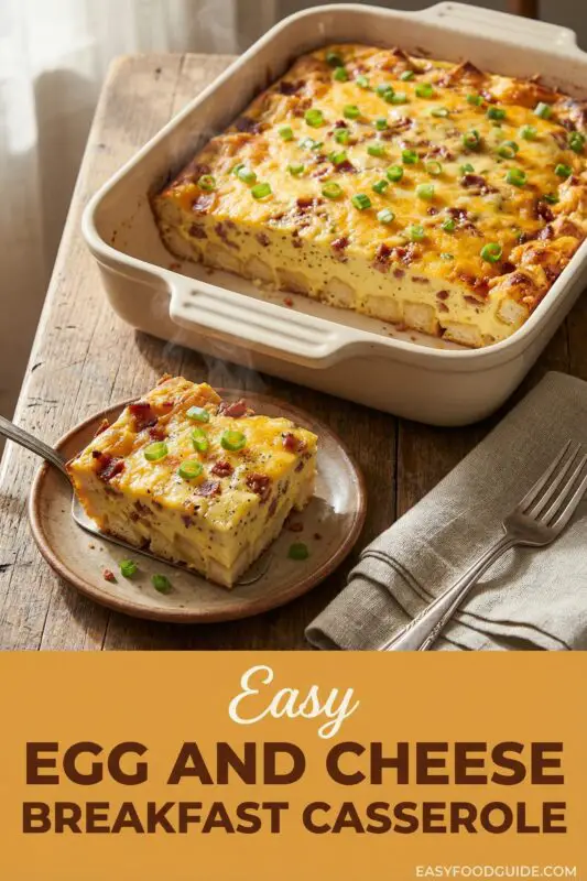 A slice of egg and cheese breakfast casserole with bacon, garnished with green onions, on a wooden table.