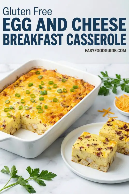 Gluten-free egg and cheese breakfast casserole in a white dish, garnished with sliced green onions. Two squares on a plate beside parsley and cheese.