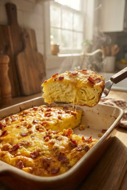 A steaming slice of a baked egg dish, topped with crispy bacon and melted cheese, is lifted from a casserole dish in a sunlit kitchen.