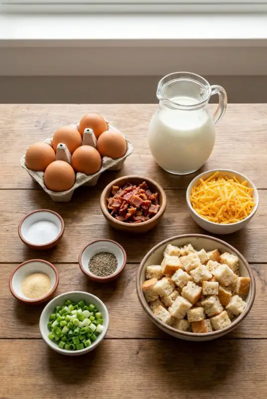 Ingredients for a savory dish on a wooden table: eggs, milk, bacon, cheddar, croutons, green onions, with small bowls of salt, pepper, and garlic powder.