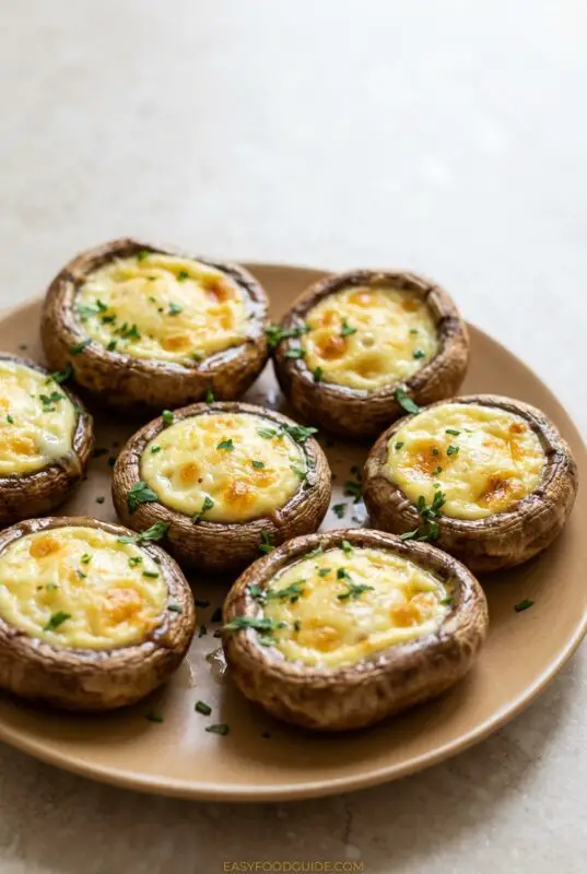 egg-cheese-stuffed-mushrooms-5a Seven baked stuffed mushrooms topped with melted cheese and parsley garnish sit on a tan plate. The dish conveys a warm, appetizing tone.