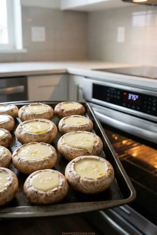 egg-cheese-stuffed-mushrooms-5c Twelve large mushrooms filled with melted cheese are on a baking sheet, ready to be placed in an oven set to 375°F in a modern kitchen.
