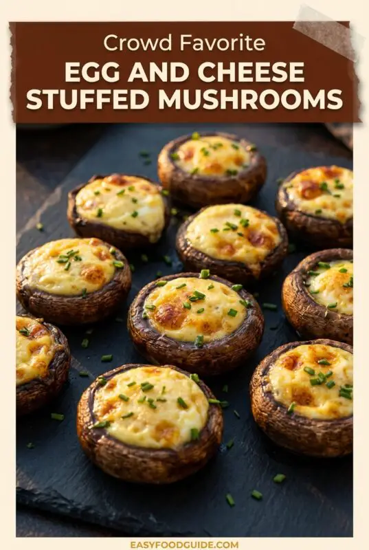 egg-cheese-stuffed-mushrooms-5d Golden-browned egg and cheese stuffed mushrooms garnished with chives, arranged on a dark slate, labeled "Crowd Favorite." Cozy and inviting tone.