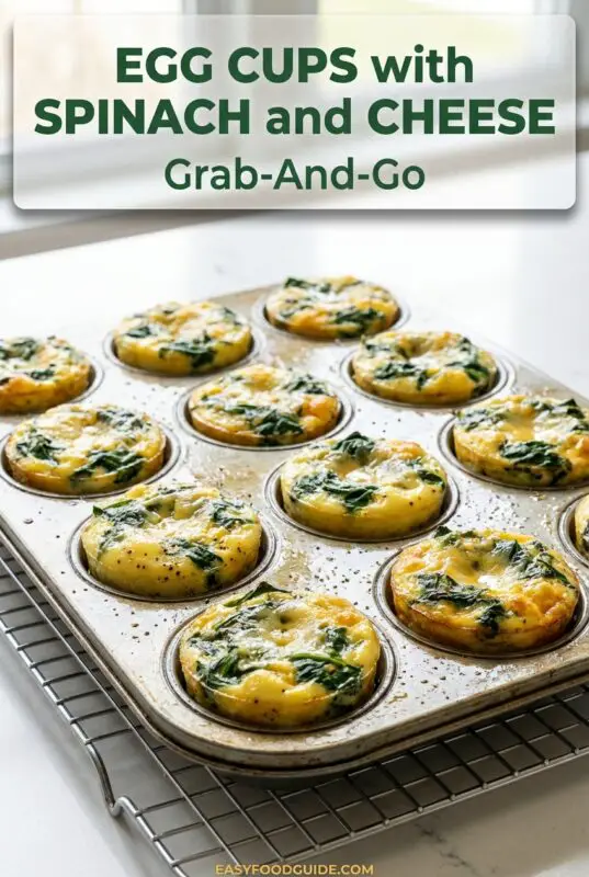A muffin tin filled with baked egg cups containing spinach and cheese, ready for a healthy breakfast.