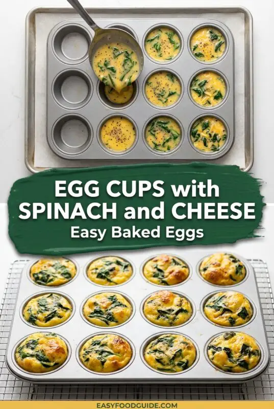 Overhead view of a muffin tin filled with egg mixture dotted with spinach and cheese, with a ladle pouring the mixture into one cup; below, baked golden egg cups rest in the pan. Text reads “Egg Cups with Spinach and Cheese – Easy Baked Eggs” and “easyfoodguide.com.”