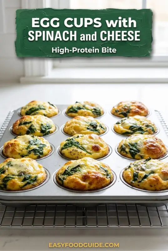 Close-up of golden baked egg cups with spinach and melted cheese in a muffin tin set on a cooling rack. Text reads “Egg Cups with Spinach and Cheese – High-Protein Bite” and “easyfoodguide.com.”