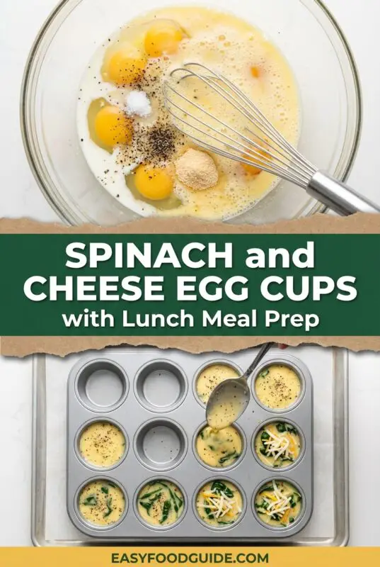 Overhead view of a mixing bowl with eggs, milk, salt, pepper, and seasoning being whisked together, above a muffin tin partially filled with egg mixture, spinach, and shredded cheese. Text reads “Spinach and Cheese Egg Cups with Lunch Meal Prep” and “easyfoodguide.com.”