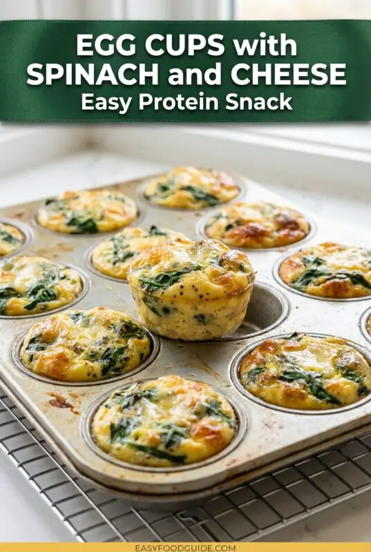 Muffin tin filled with golden baked egg cups studded with spinach and melted cheese, resting on a cooling rack, with one egg cup lifted slightly above the pan. Text reads “Egg Cups with Spinach and Cheese – Easy Protein Snack” and “easyfoodguide.com.”