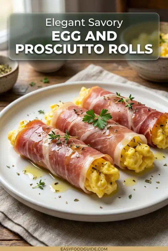 Savory Egg and Prosciutto Rolls with scrambled eggs wrapped in prosciutto, garnished with herbs on a wooden platter.