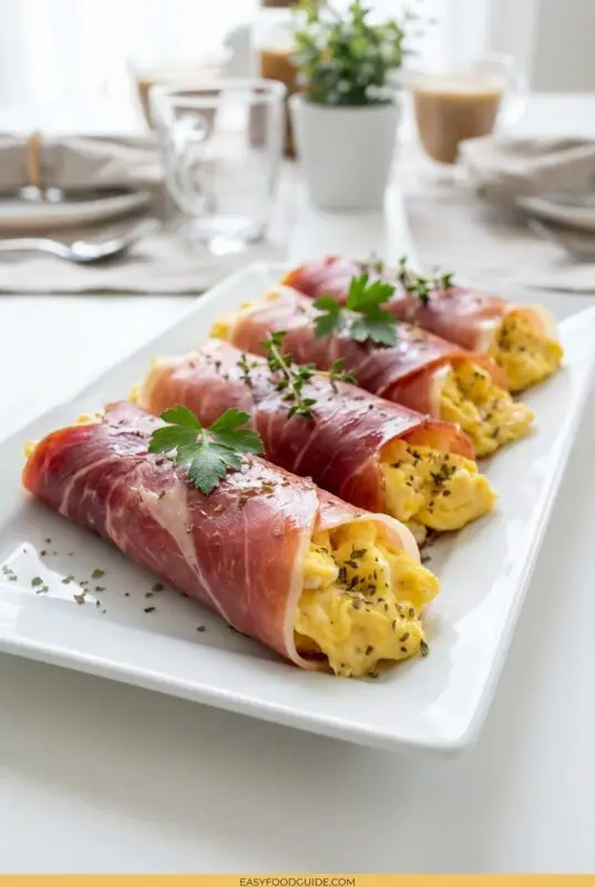 Four prosciutto-wrapped scrambled egg rolls arranged on a white rectangular platter, garnished with parsley leaves and dried herbs, set on a bright breakfast table with coffee and dishes in the background.