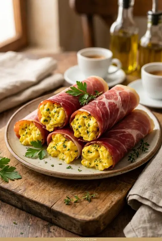 Five prosciutto-wrapped scrambled egg rolls stacked on a rustic plate, garnished with fresh parsley and thyme, set on a wooden table with espresso cups and bottles of olive oil in the background.