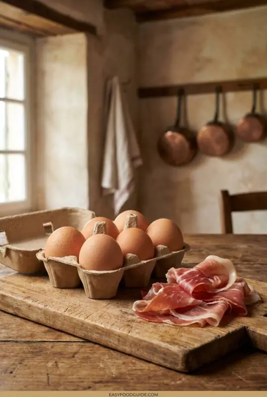 Carton of brown eggs and a small pile of thinly sliced prosciutto arranged on a rustic wooden cutting board in a cozy farmhouse kitchen with soft window light and copper pans hanging in the background.