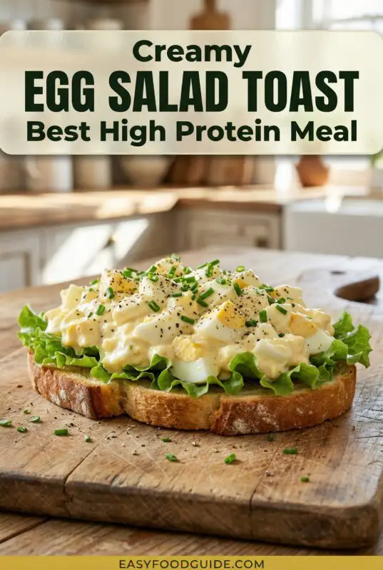 Creamy egg salad on toasted sourdough bread, garnished with herbs, on a wooden table.