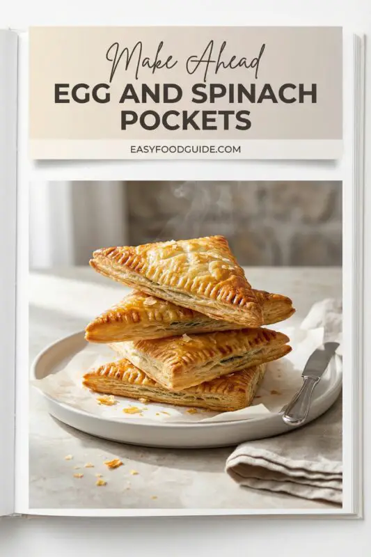 Golden egg and spinach puff pastry pockets on a plate, with a rustic table setting.