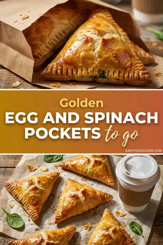 Golden-brown egg and spinach pastry pockets on parchment, accompanied by a coffee cup. Text overlay reads: "Golden Egg and Spinach Pockets to Go."