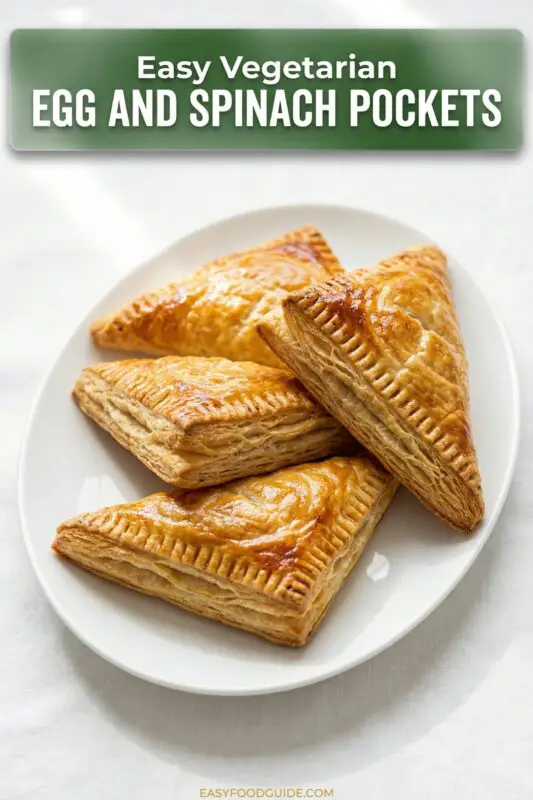 Golden-brown triangular pastries are neatly arranged on a white plate, showcasing their flaky texture. Text reads "Easy Vegetarian Egg and Spinach Pockets."