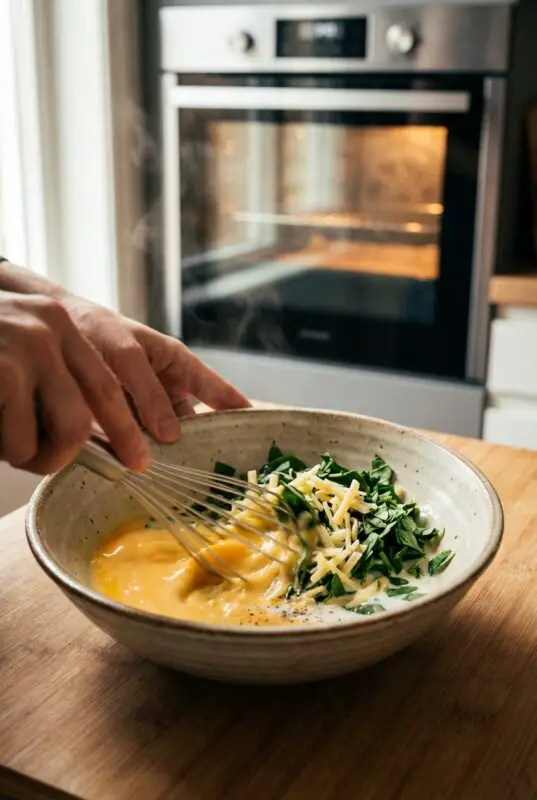 A hand whisks eggs, cheese, and spinach in a ceramic bowl on a wooden surface. A warm oven is visible in the background, creating a cozy kitchen atmosphere.